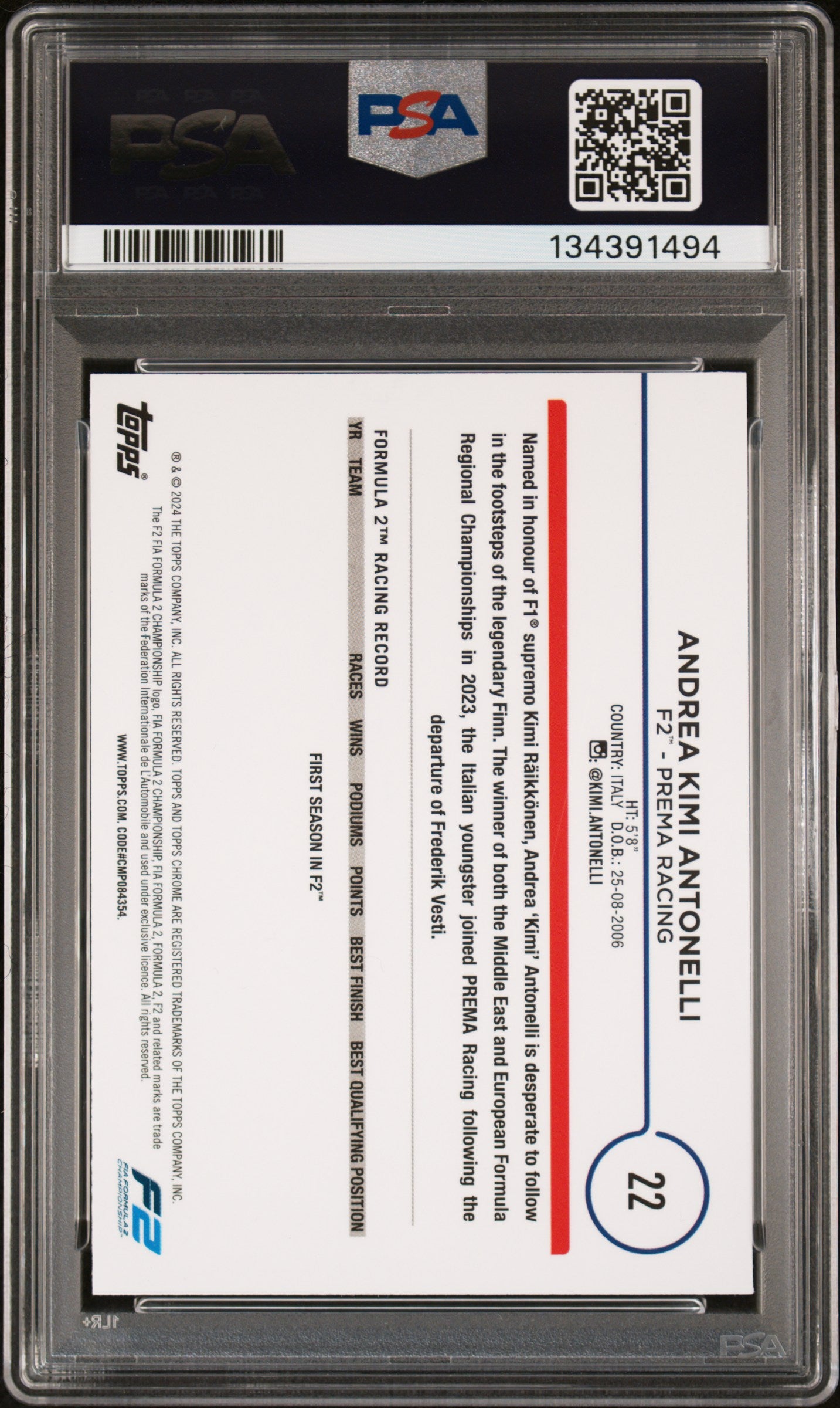 2024 TOPPS CHROME FORMULA 1 #22 ANDREA KIMI ANTONELLI FUCHSIA LAVA REFRACTOR 31/225
