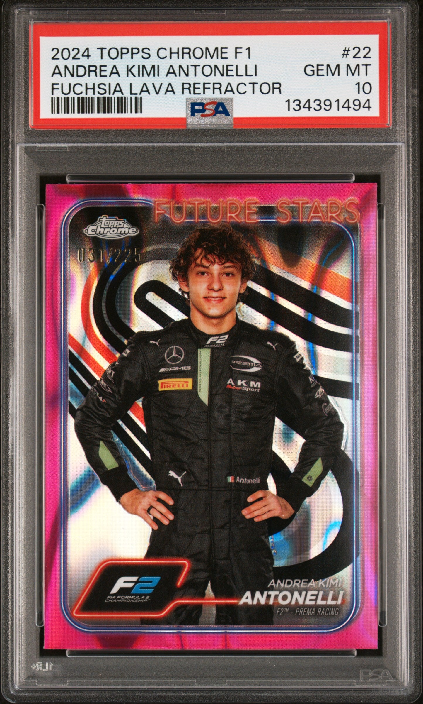 2024 TOPPS CHROME FORMULA 1 #22 ANDREA KIMI ANTONELLI FUCHSIA LAVA REFRACTOR 31/225